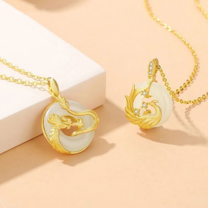 8-trigrams 925 Sterling Silver Year of the Dragon Hetian Jade Golden Dragon Phoenix Peace Buckle Luck Necklace Pendant