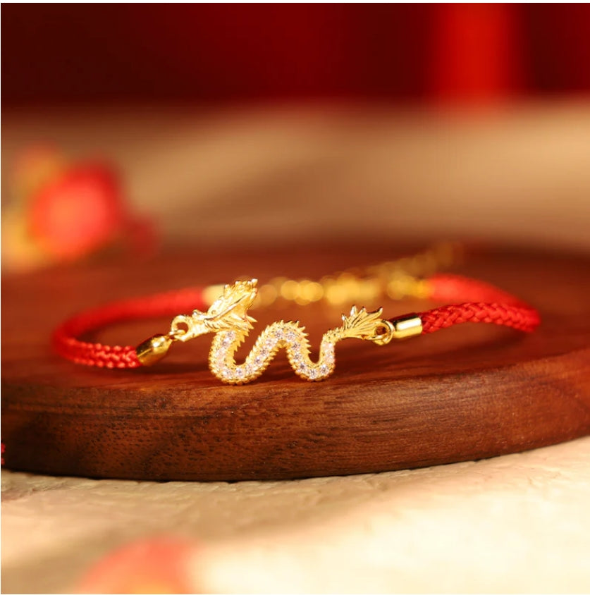 8-trigrams 925 Sterling Silver Year Of The Dragon Auspicious Golden Dragon Luck Red Rope Chain Bracelet